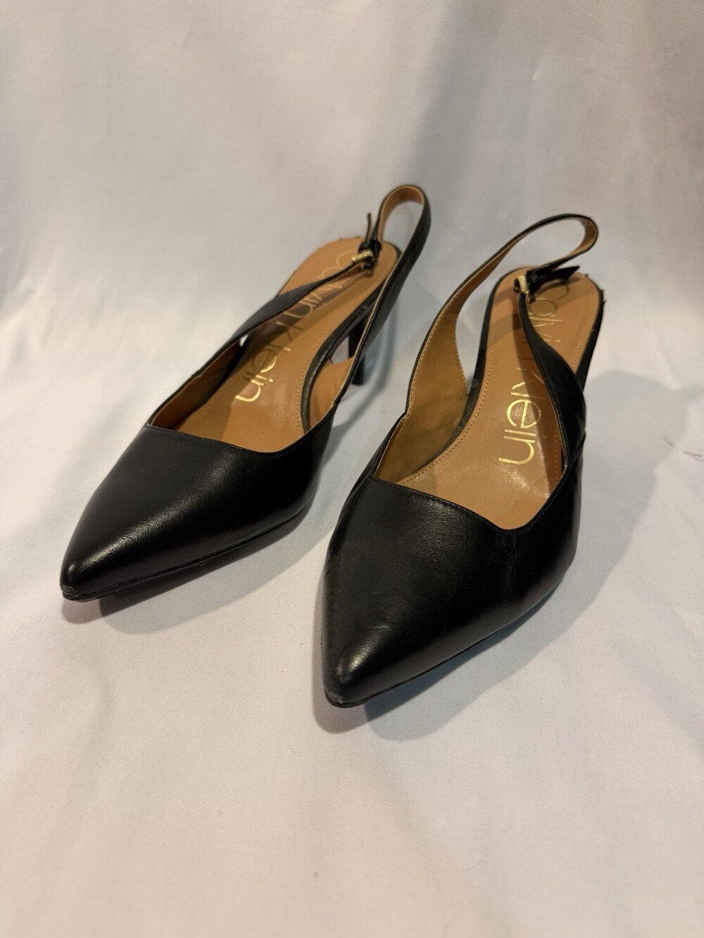 Calvin Klein Giona Black Leather Slingback Pointed Toe Heels Womens Size 10Pumps